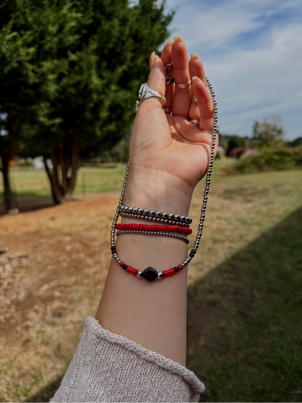 Red Coral and Black Onyx Necklace w/ Stainless Steel Pearls
